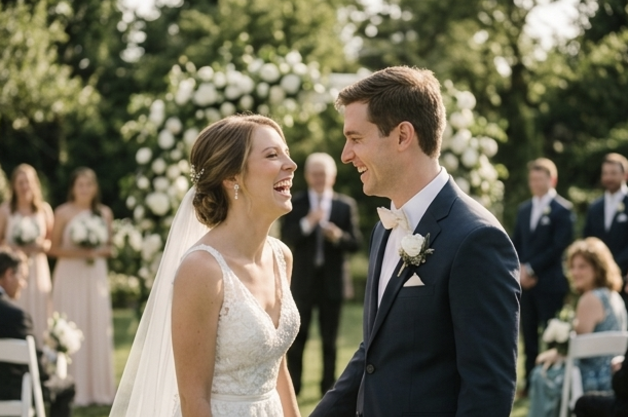 Casal sorrindo durante a cerimonia de casamento